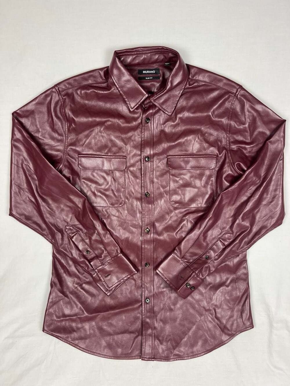 Murano Leather Button Up Shirt Size L Burgundy Slim